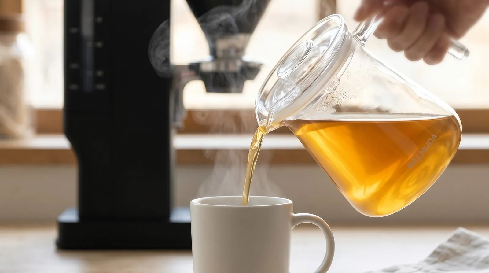 BALMUDA The Brew glass carafe pouring golden freshly brewed filter coffee into a cup