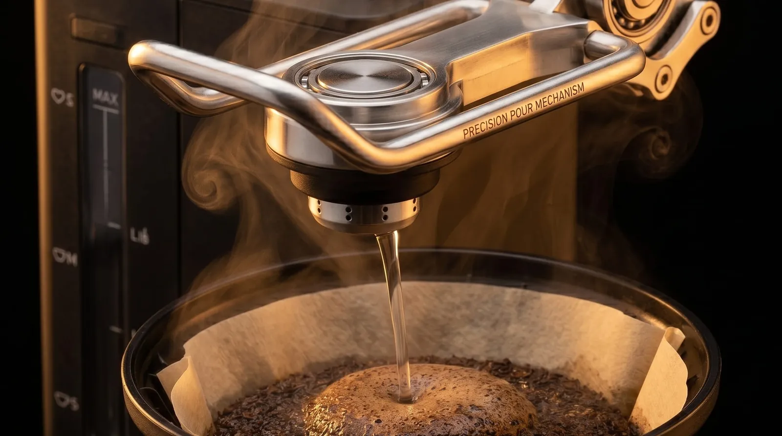 BALMUDA The Brew swing arm nozzle detail, which moves to wet the coffee bed in a hand-pour pattern