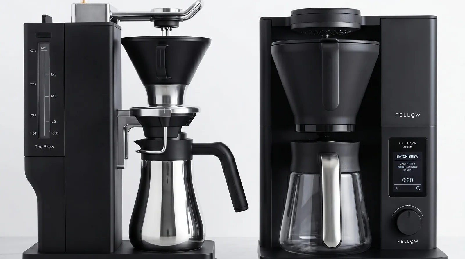 BALMUDA The Brew placed beside a Fellow Aiden on a kitchen counter for a design comparison