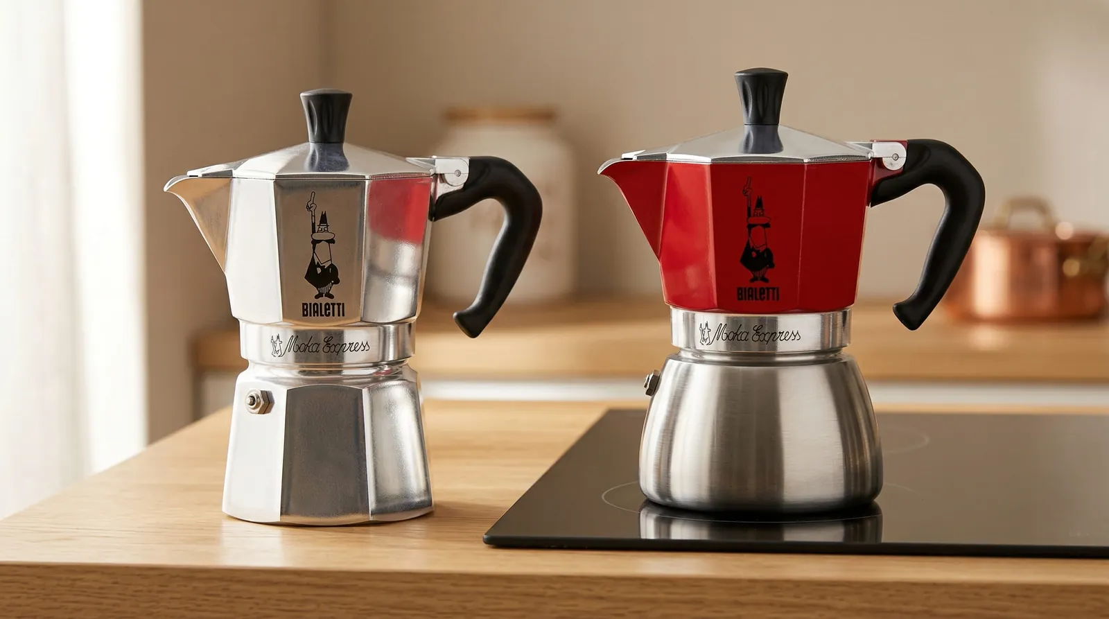 Bialetti Moka Express aluminium model beside the stainless steel induction version for a construction comparison