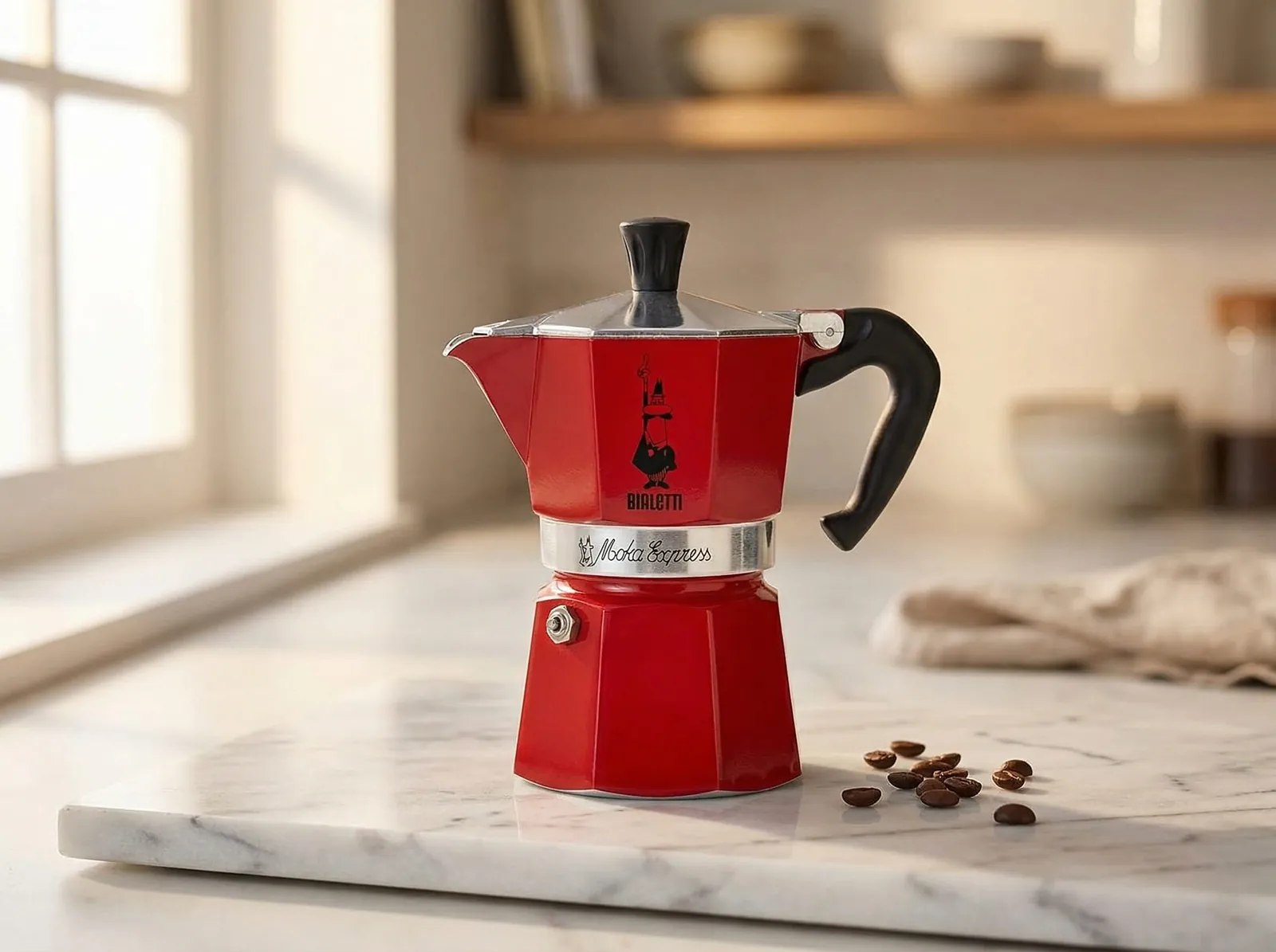 Red stovetop moka pot standing on a white marble kitchen counter