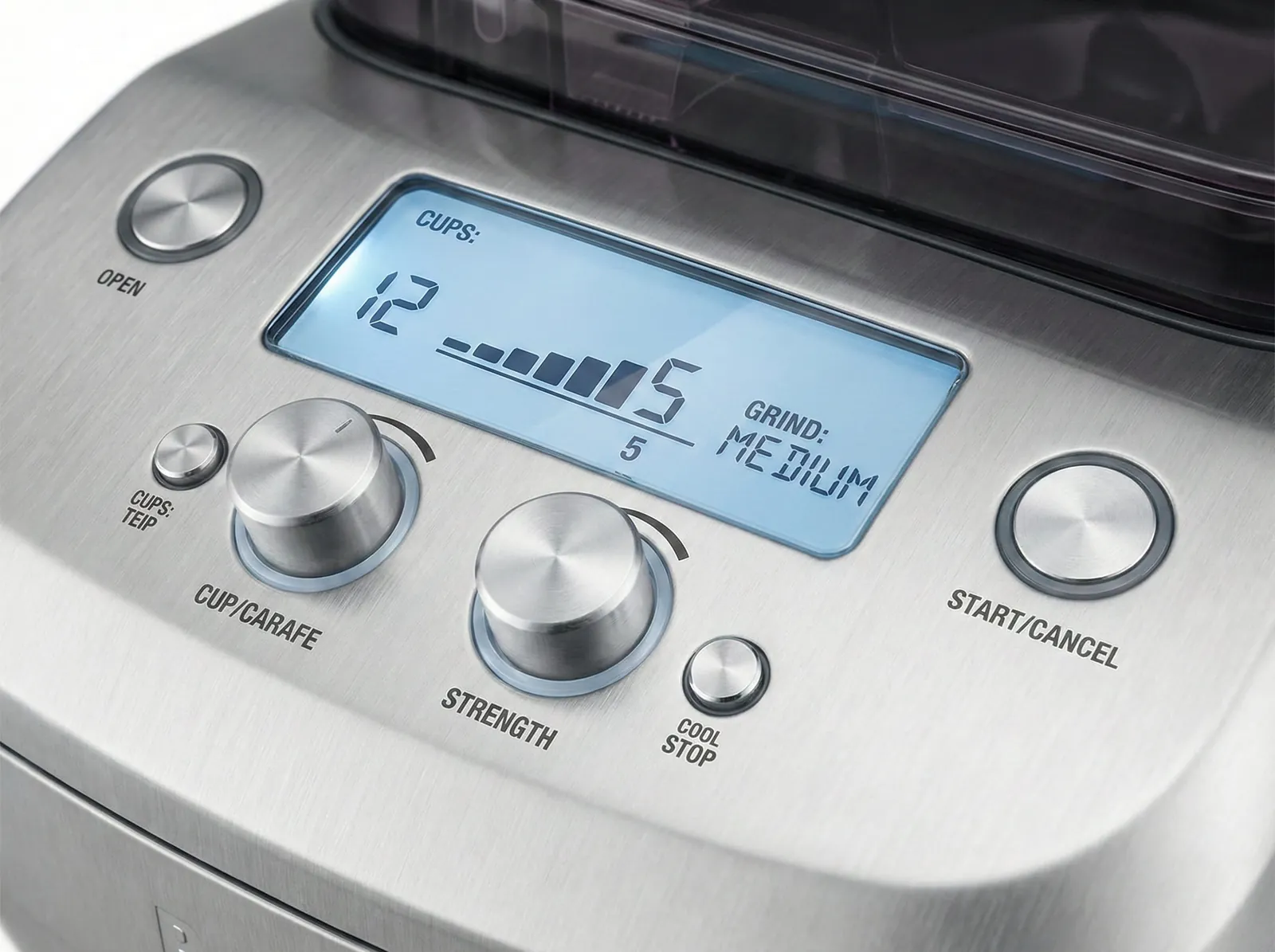 Breville Grind Control LCD panel showing the strength settings and bloom time options