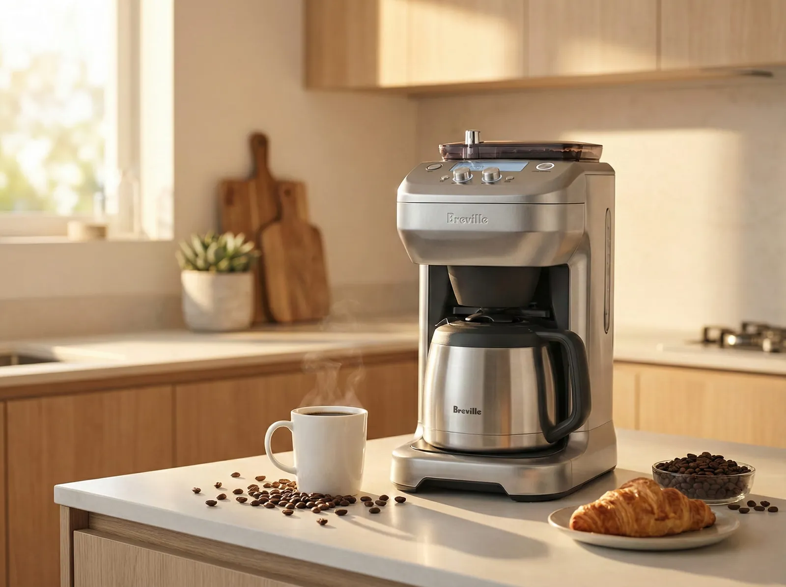 Breville Grind Control on a sunlit kitchen counter with the carafe and a bag of beans beside it