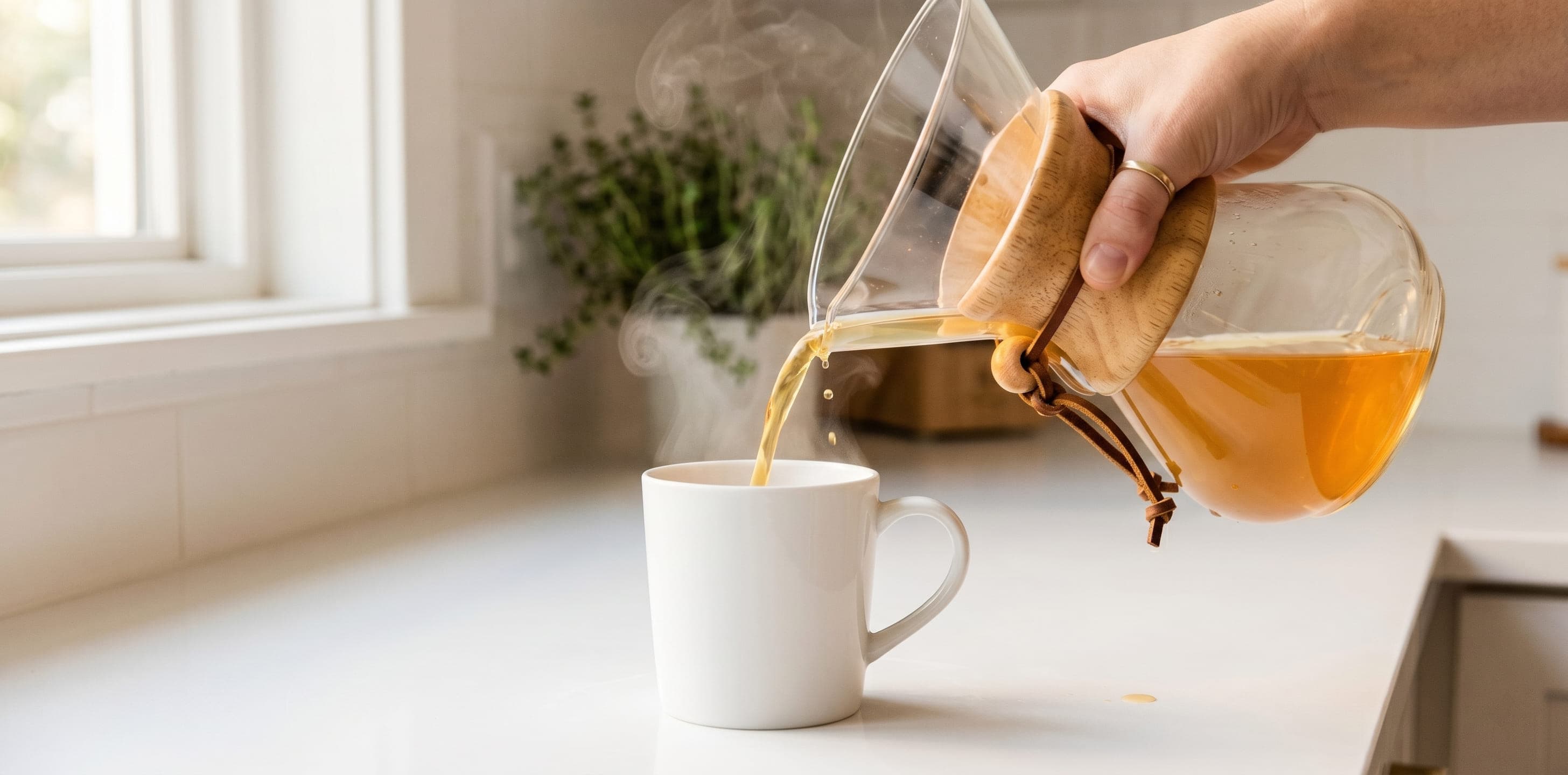 Chemex Ottomatic glass carafe pouring a bright amber cup of freshly brewed coffee