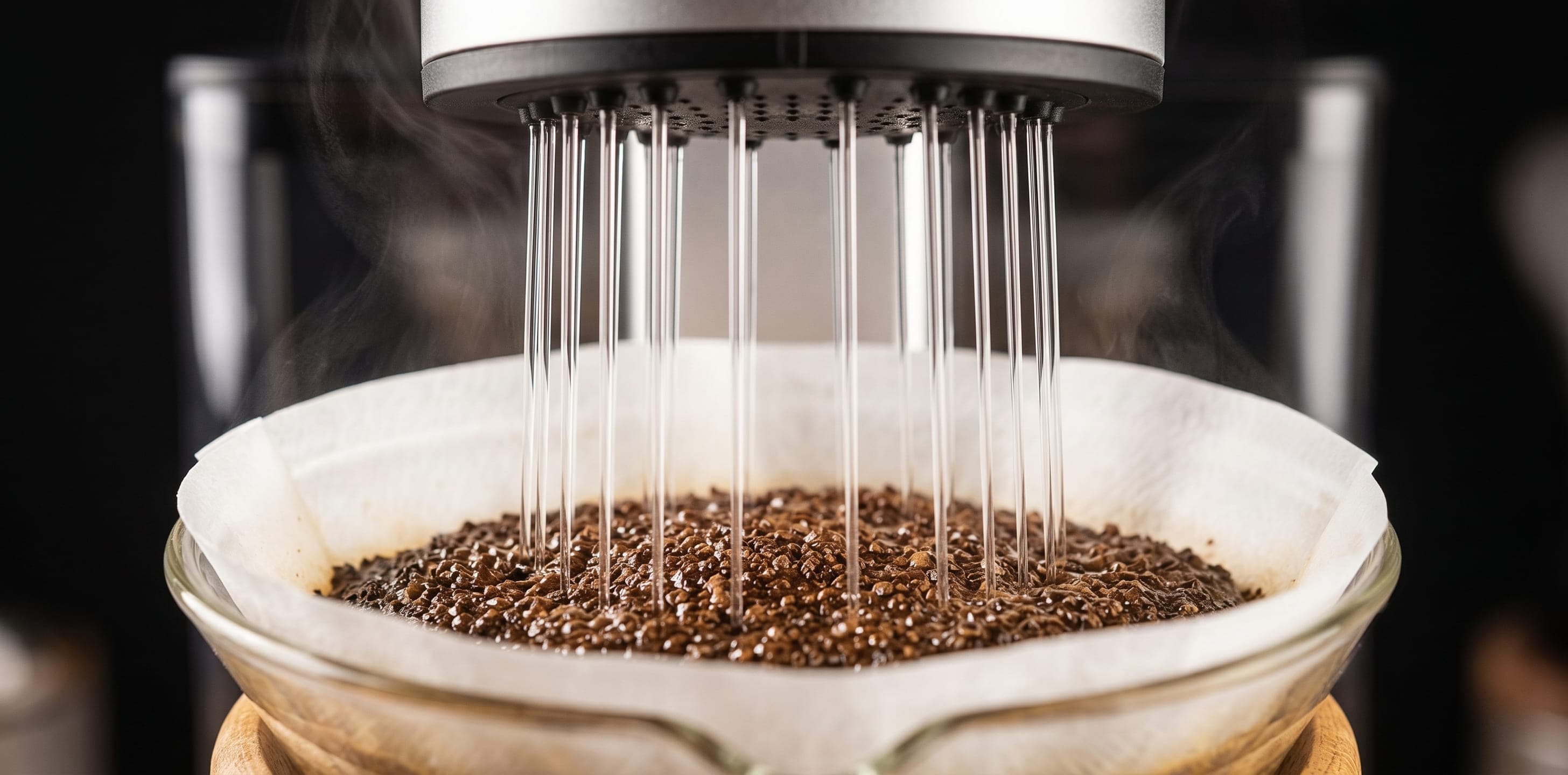 Chemex Ottomatic showerhead spreading hot water across a bonded filter of medium-coarse coffee