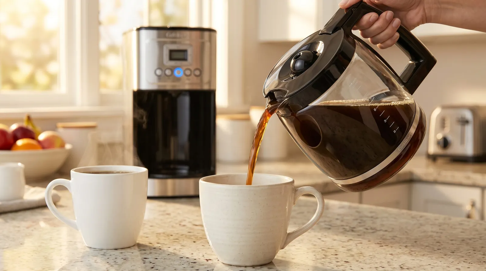 Cuisinart 14-Cup Programmable Coffee Maker glass carafe pouring a steady coffee stream into a large white mug