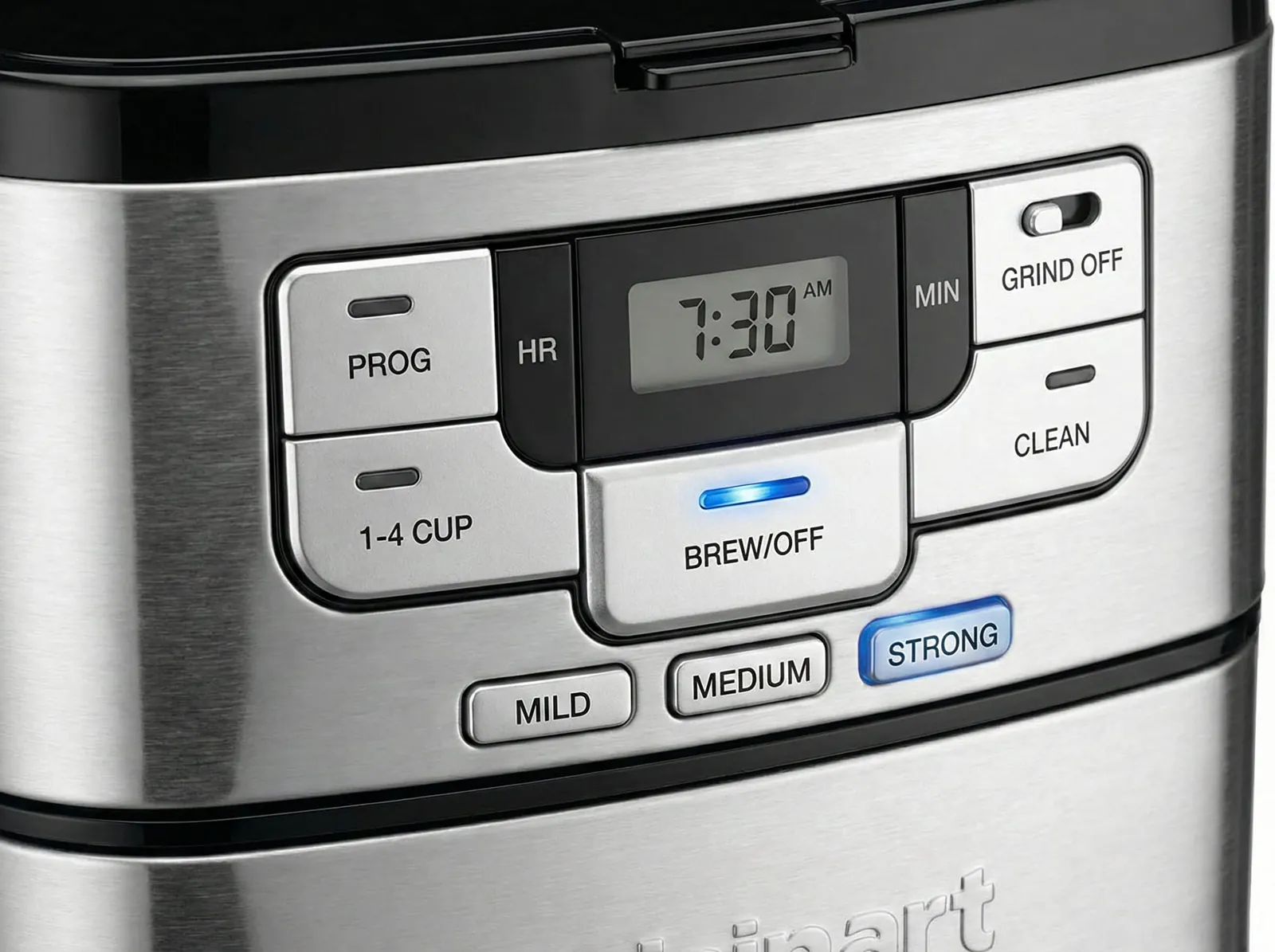 Cuisinart Grind & Brew 24-hour programmable timer panel with the brew strength settings