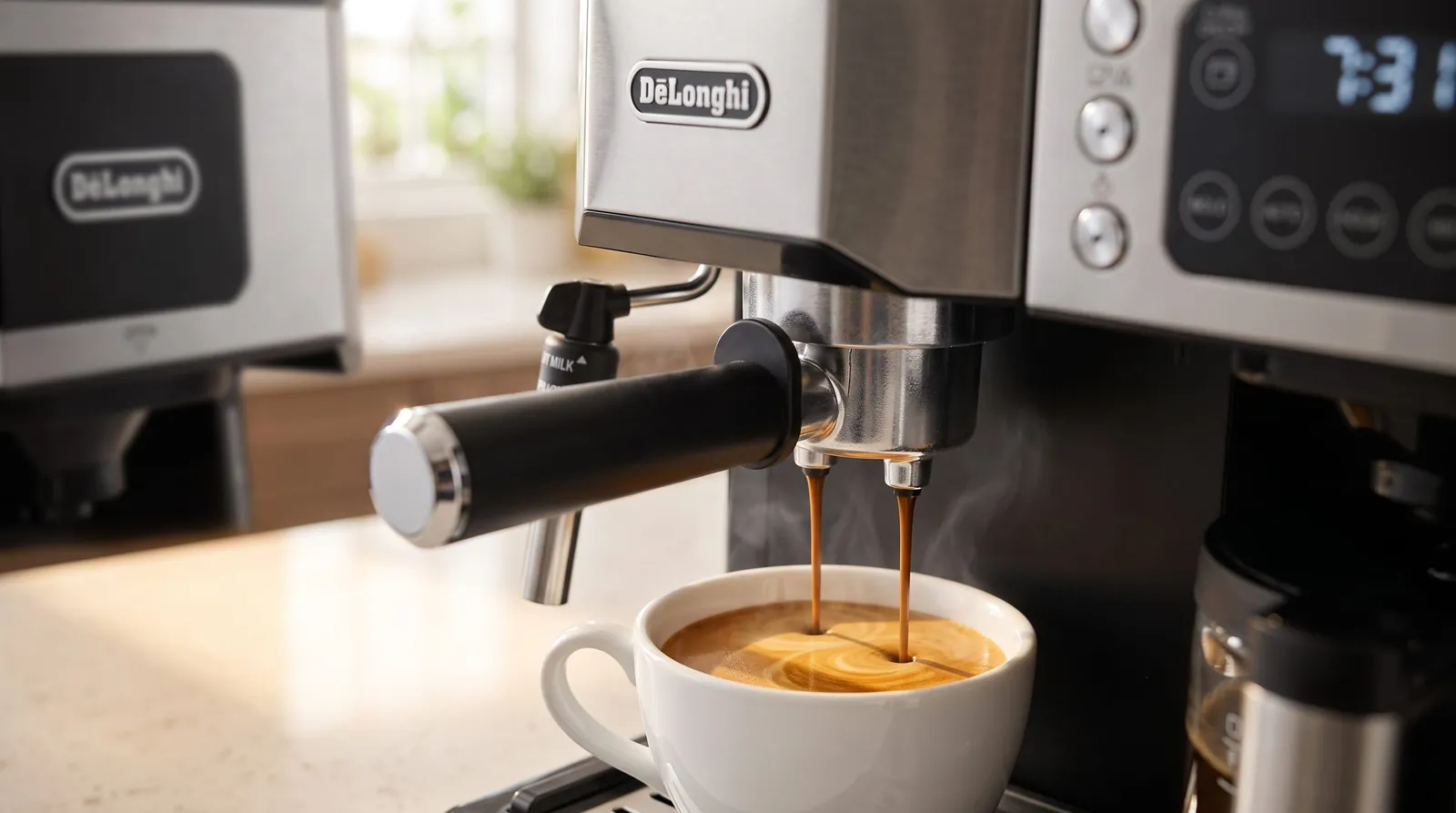 De'Longhi All-in-One Combination pulling a double espresso shot with thick crema into a white cup