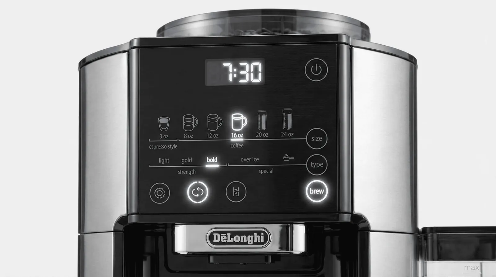 De'Longhi TrueBrew control panel showing the brew styles from Light to Bold and Over Ice