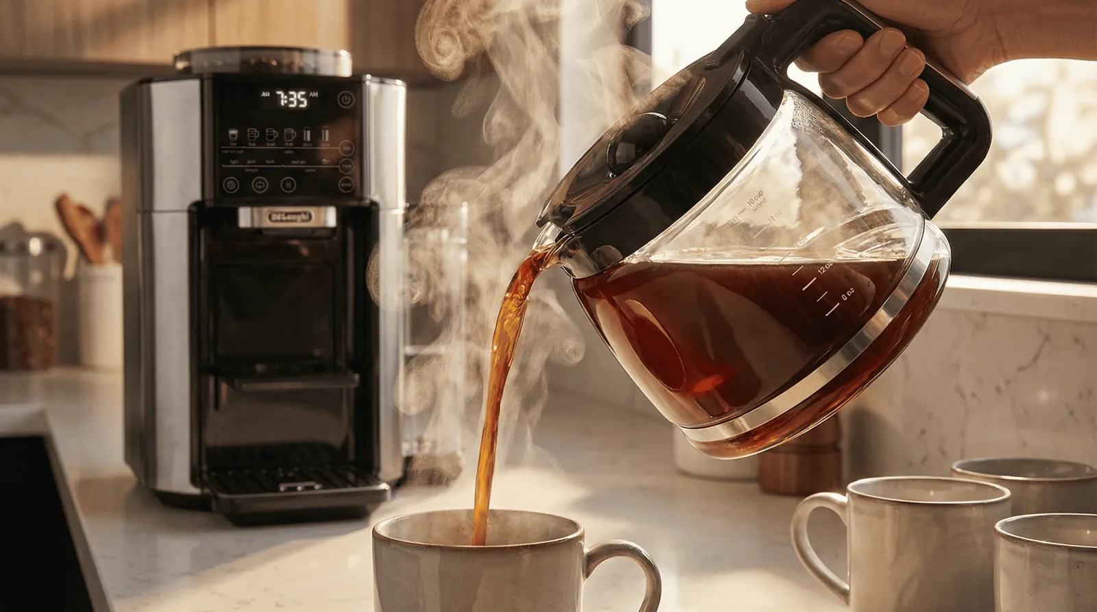 De'Longhi TrueBrew glass carafe pouring freshly brewed drip coffee into a mug