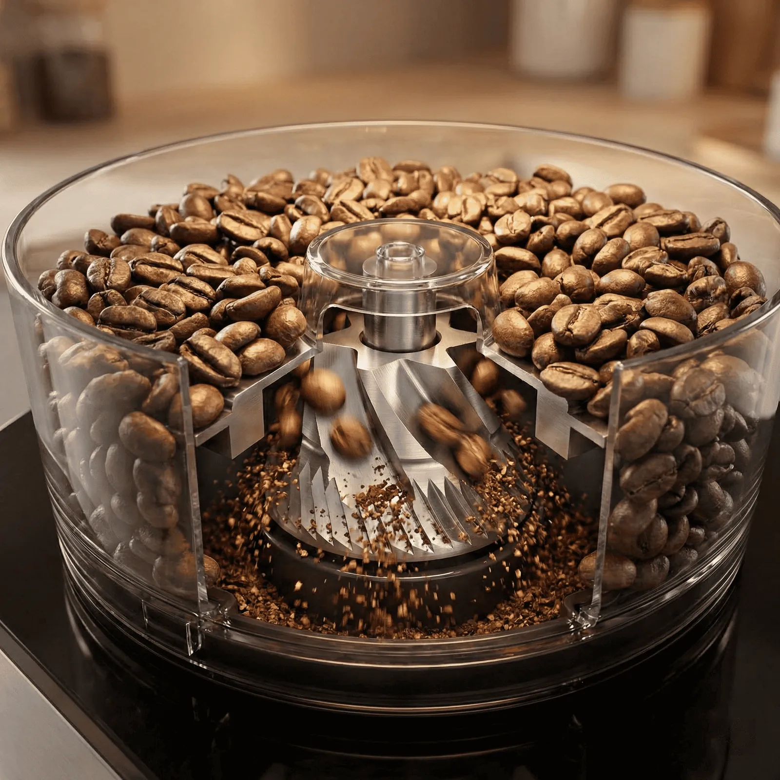 De'Longhi TrueBrew conical burr grinder grinding fresh whole beans before the brew