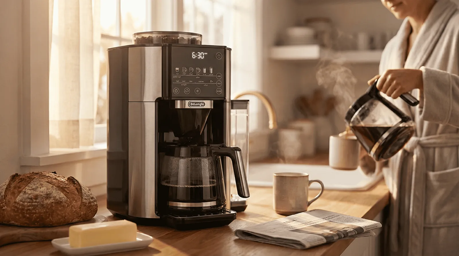 De'Longhi TrueBrew programmed with the timer to grind and brew fresh coffee for an early morning