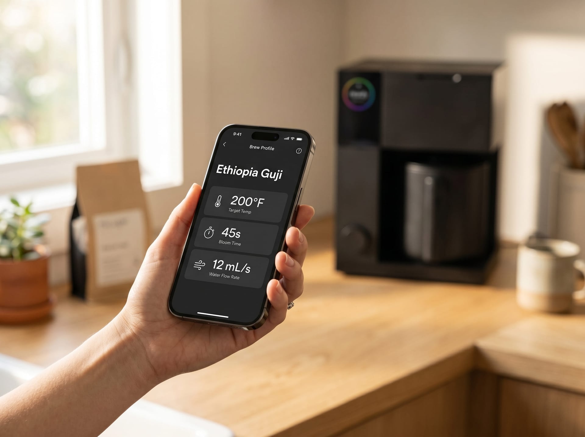 Fellow app brew profile screen on iPhone showing custom bloom time, temperature, and flow rate settings for a Fellow Aiden brew recipe — app-controlled drip coffee maker interface