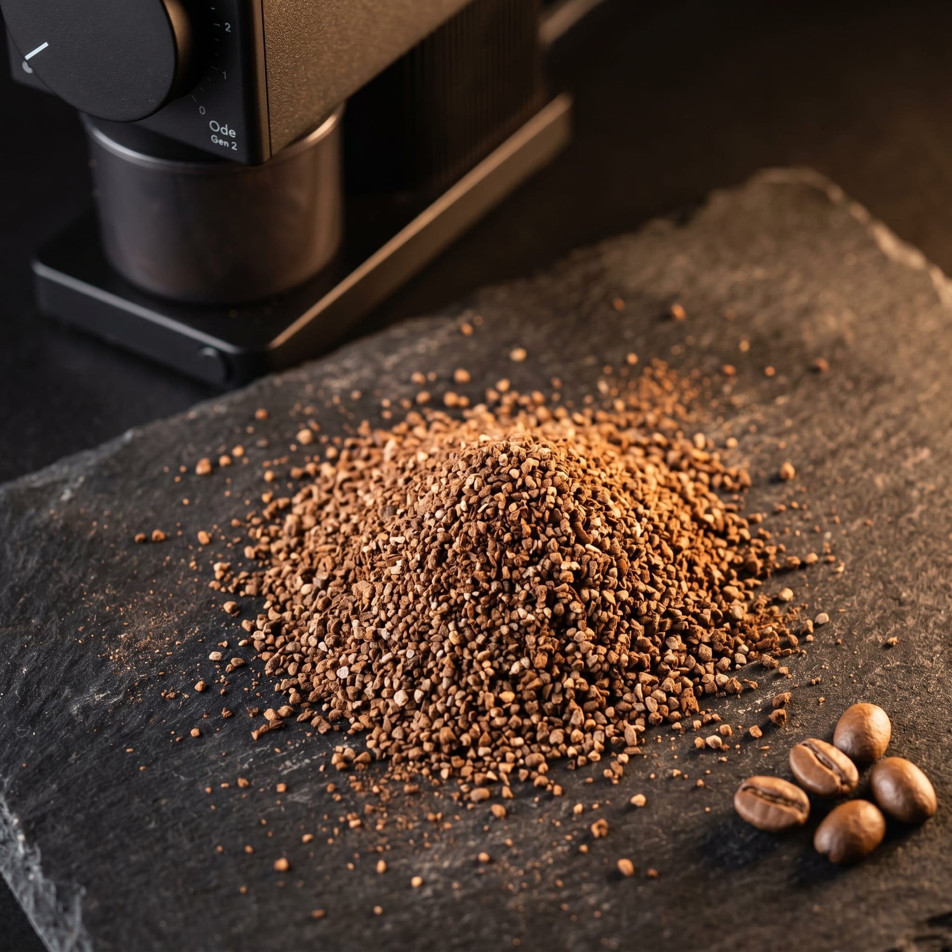 Medium-fine grind prepared for Fellow Aiden flat-bed brew basket — 550–650 micron particle size ideal for Fellow Aiden's variable flow rate drip brewing