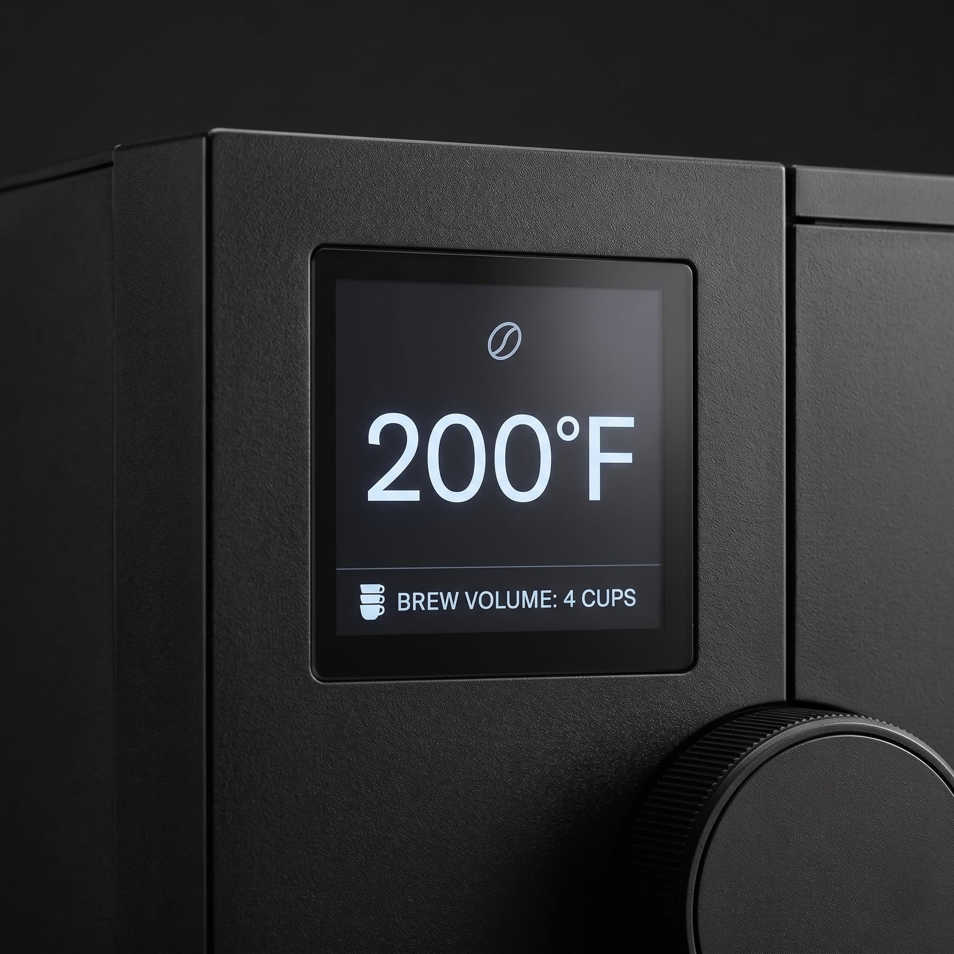 Fellow Aiden PID temperature control detail showing precise 200°F brew temperature setting — adjustable from 185–205°F for light roast and dark roast drip coffee optimization