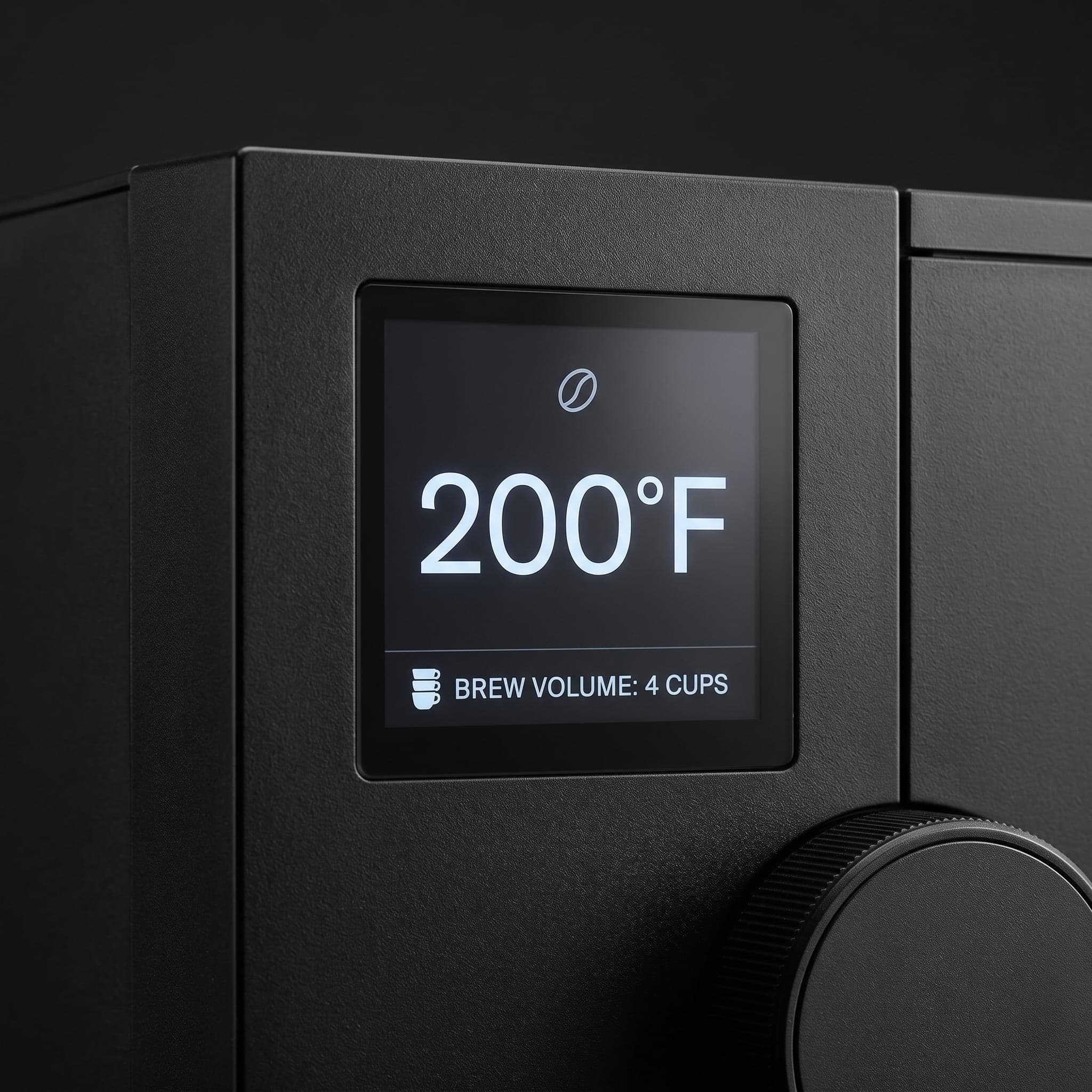 Fellow Aiden temperature control detail with the brew temperature setting on display