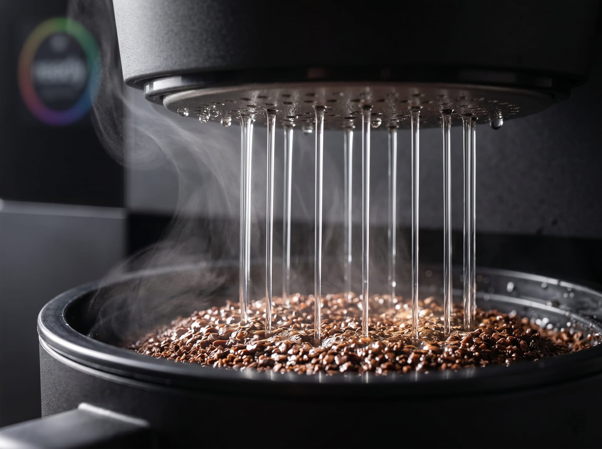 Fellow Aiden flat-bed showerhead distributing hot water evenly over freshly ground specialty coffee during programmable bloom pause — PID-controlled 200°F water saturating coffee bed