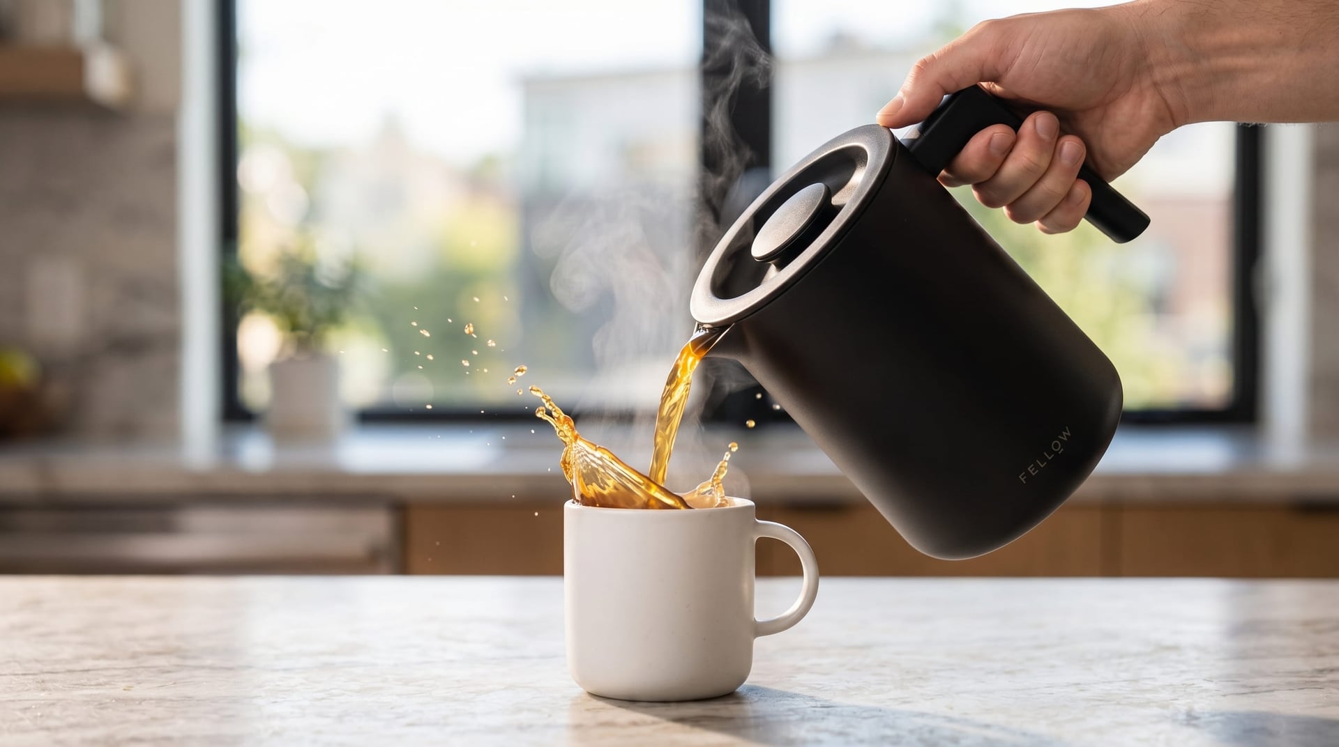 Pouring freshly brewed specialty coffee from Fellow Aiden thermal carafe — golden-toned cup showing clean extraction from SCA-certified 200°F PID-controlled brew cycle