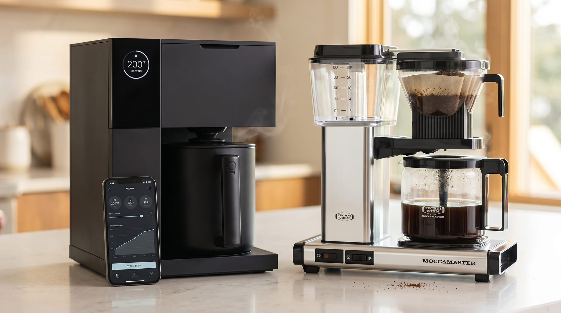 Fellow Aiden vs Technivorm Moccamaster KBGV side-by-side comparison on kitchen countertop — app-controlled PID precision versus Dutch-engineered SCA Gold Cup certified drip coffee makers