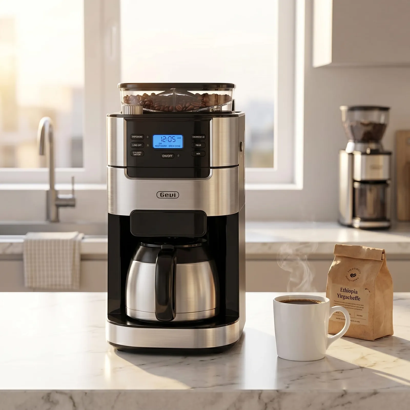 Gevi 10-Cup Drip Coffee Maker on a modern kitchen counter with the thermal carafe of fresh coffee