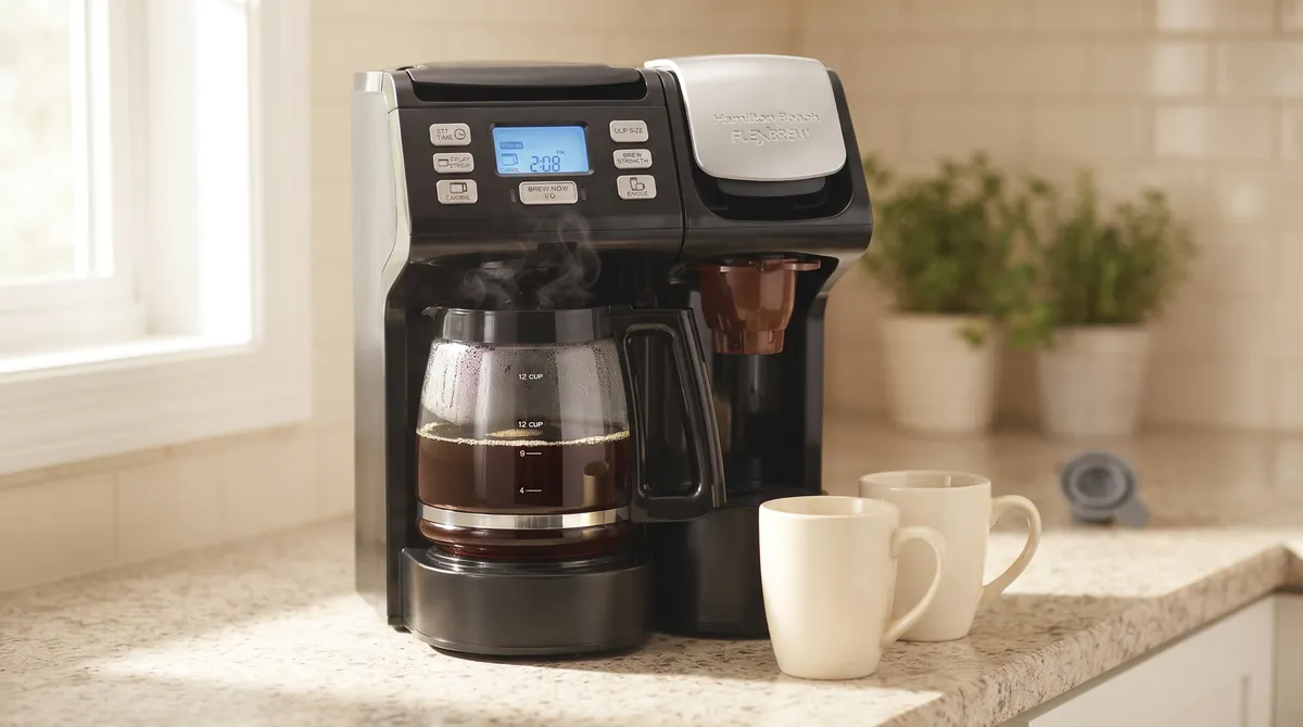 Glass carafe of fresh coffee with steam beside two mugs on the counter