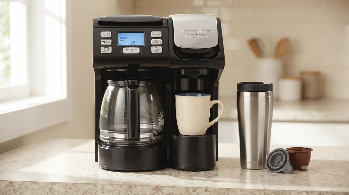 White mug at the single-cup station with a tall steel travel mug beside the machine