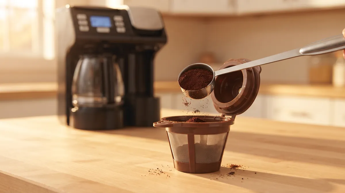 Hand scooping ground coffee into a reusable mesh brew basket