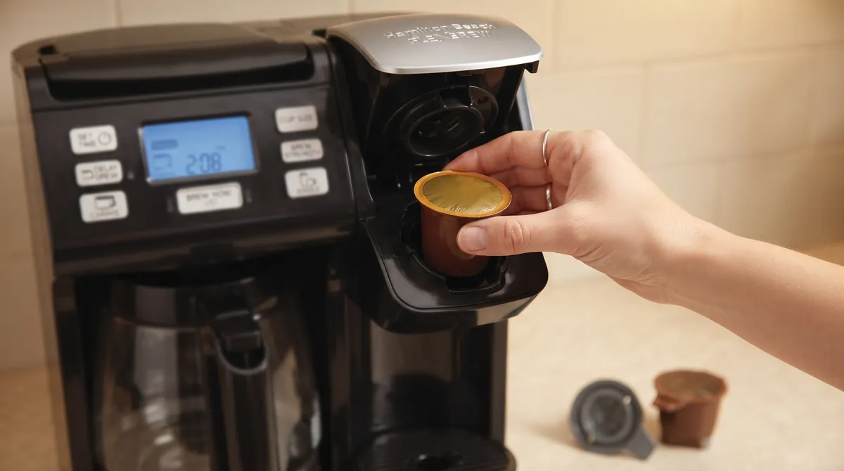 Hand placing a coffee pod into the pod holder at the single-cup station