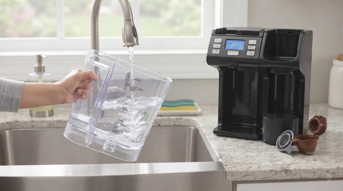 Clear water reservoir being filled at a kitchen sink beside the coffee maker