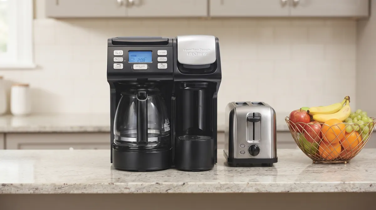 Wide black coffee maker on a kitchen counter beside a toaster and a fruit bowl