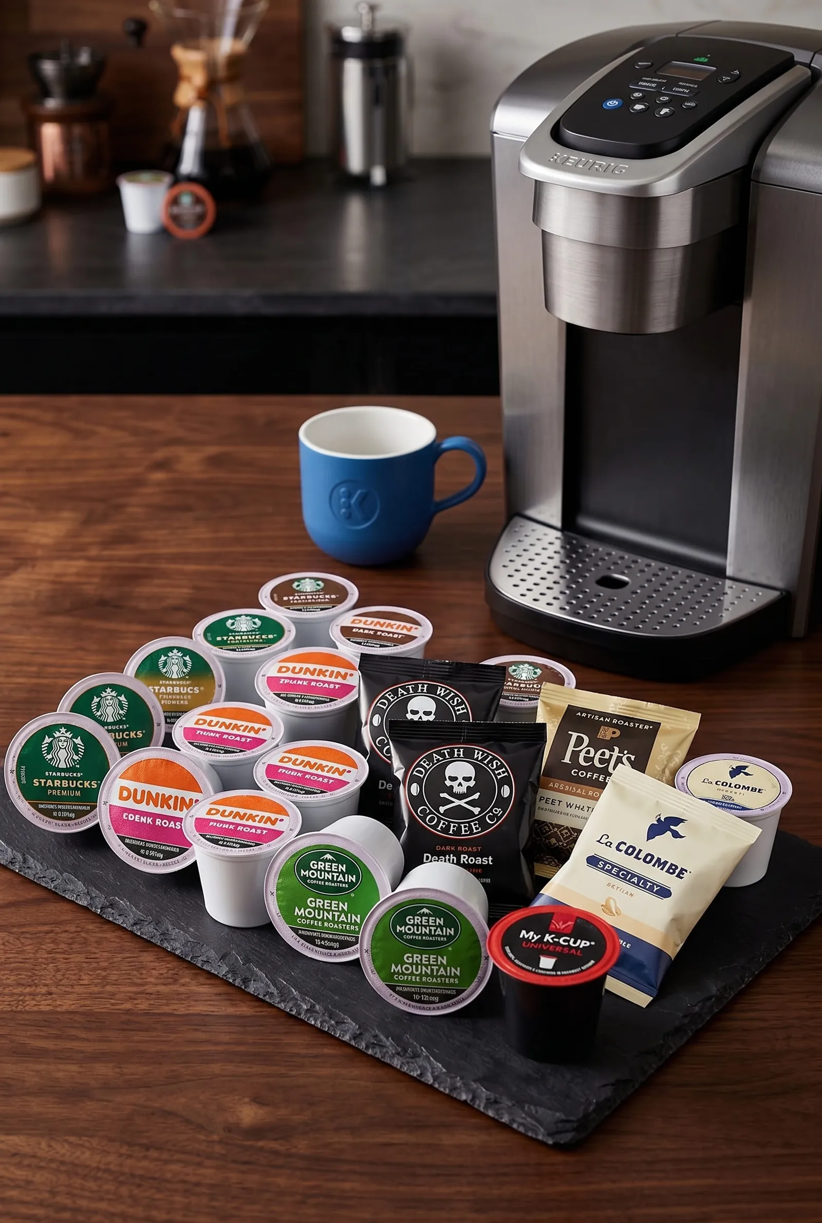 Keurig K-Elite surrounded by an assortment of K-Cup pods on the counter