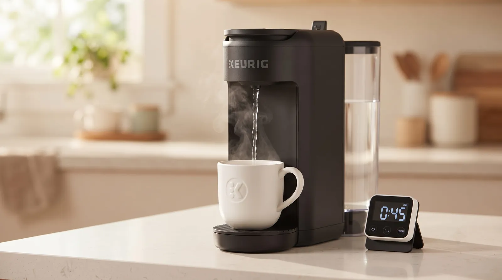 Keurig K-Mini Mate Plus mid-brew with hot coffee streaming into a white mug