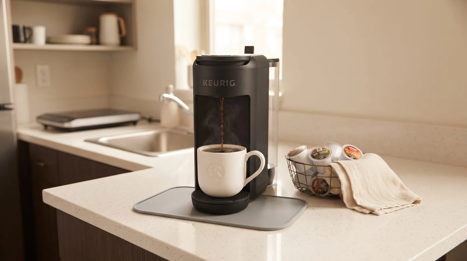 Keurig K-Mini Mate Plus placed next to a standard mug to show how little counter space it takes