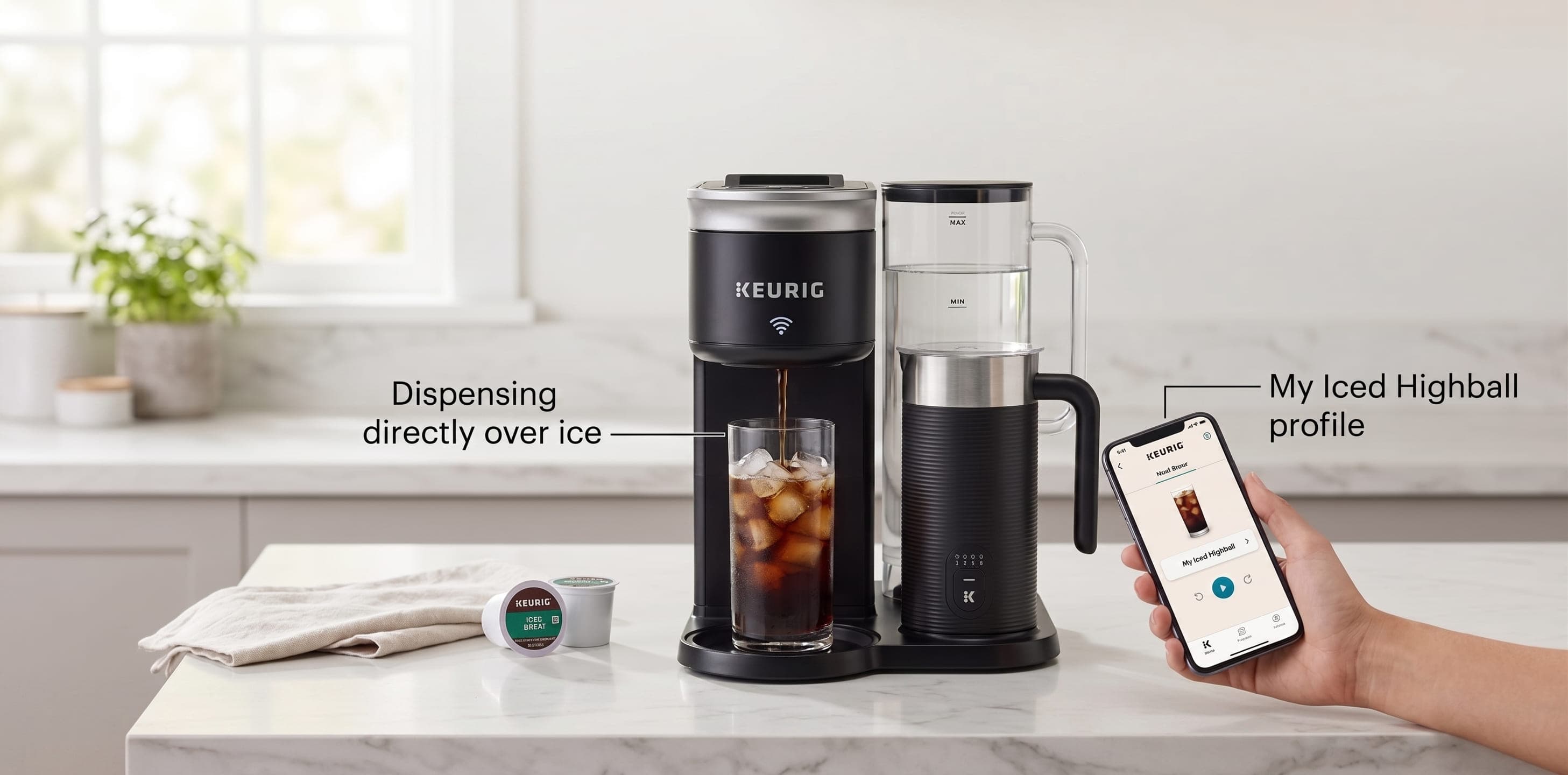 Keurig Smart Brewer dispensing freshly brewed coffee over ice into a tall glass