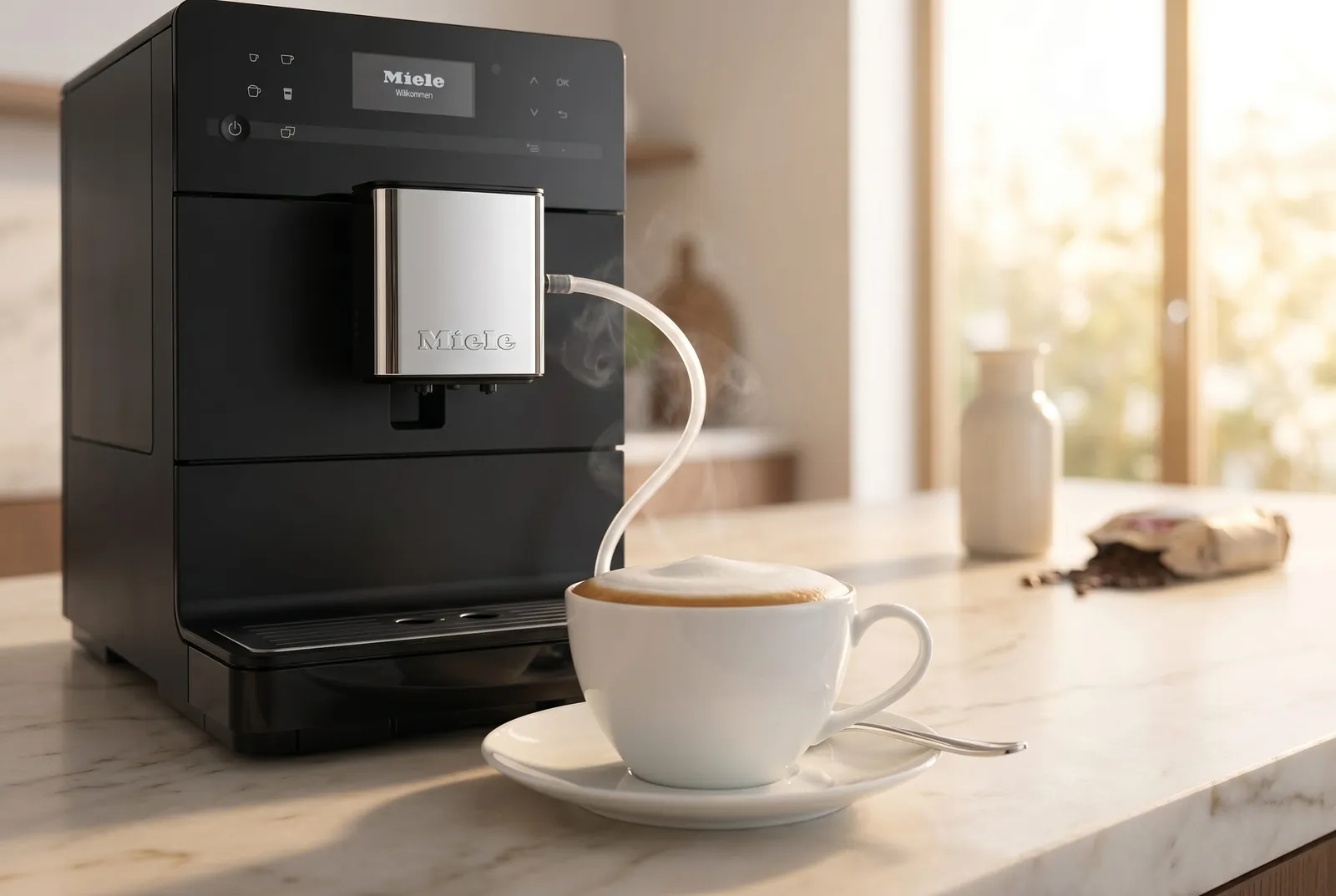 Miele CM 5310 Silence cappuccino being made as the milk system fills a ceramic cup with foam