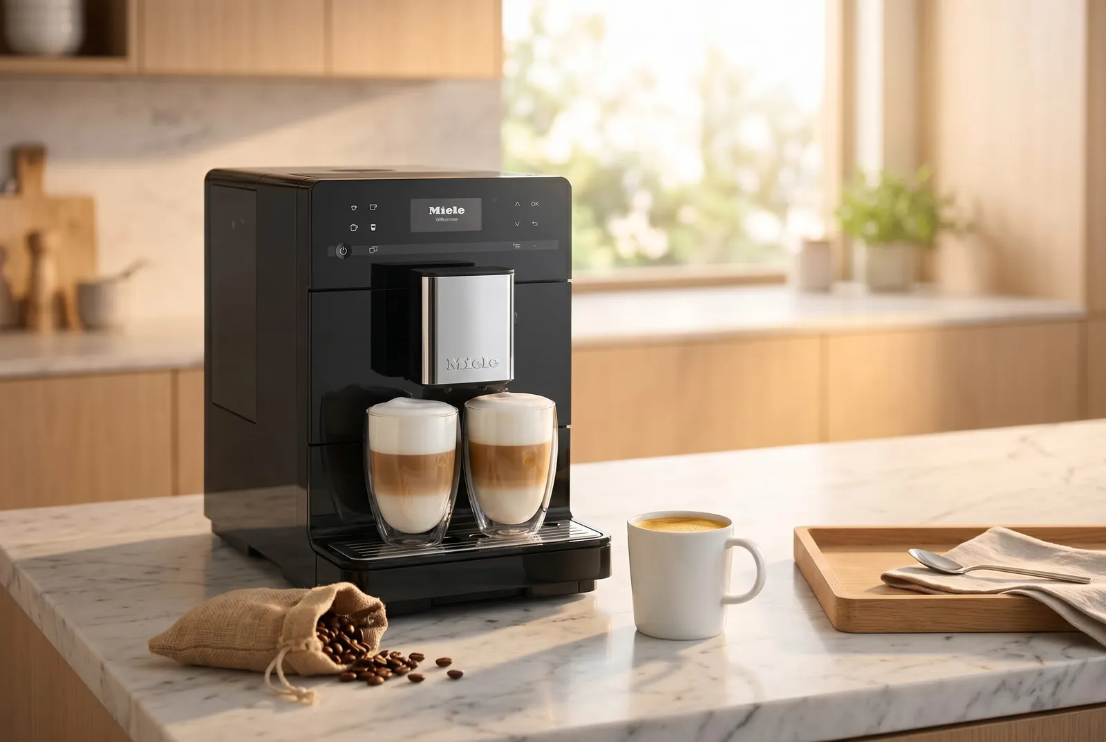 Miele CM 5310 Silence in a bright modern kitchen with a fresh coffee in a mug on a marble counter