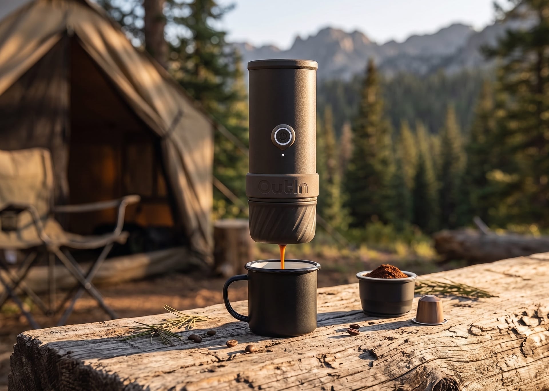 Outin Mino portable espresso maker brewing coffee outdoors at a campsite showing outin mino battery coffee maker in real outdoor travel use
