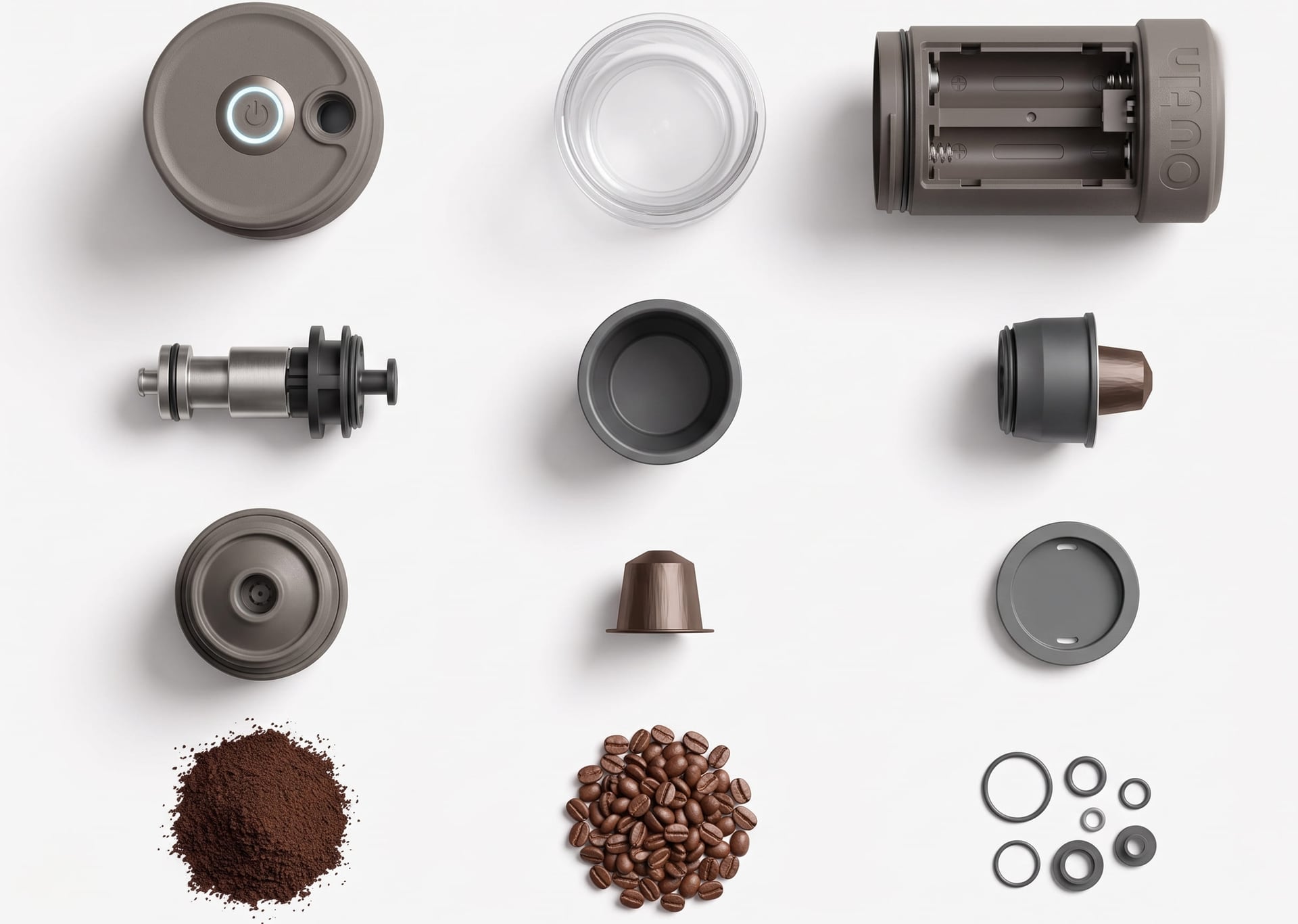 Outin Mino portable coffee maker disassembled showing battery body, filter basket, grounds chamber, and drip nozzle — outin mino components and build quality