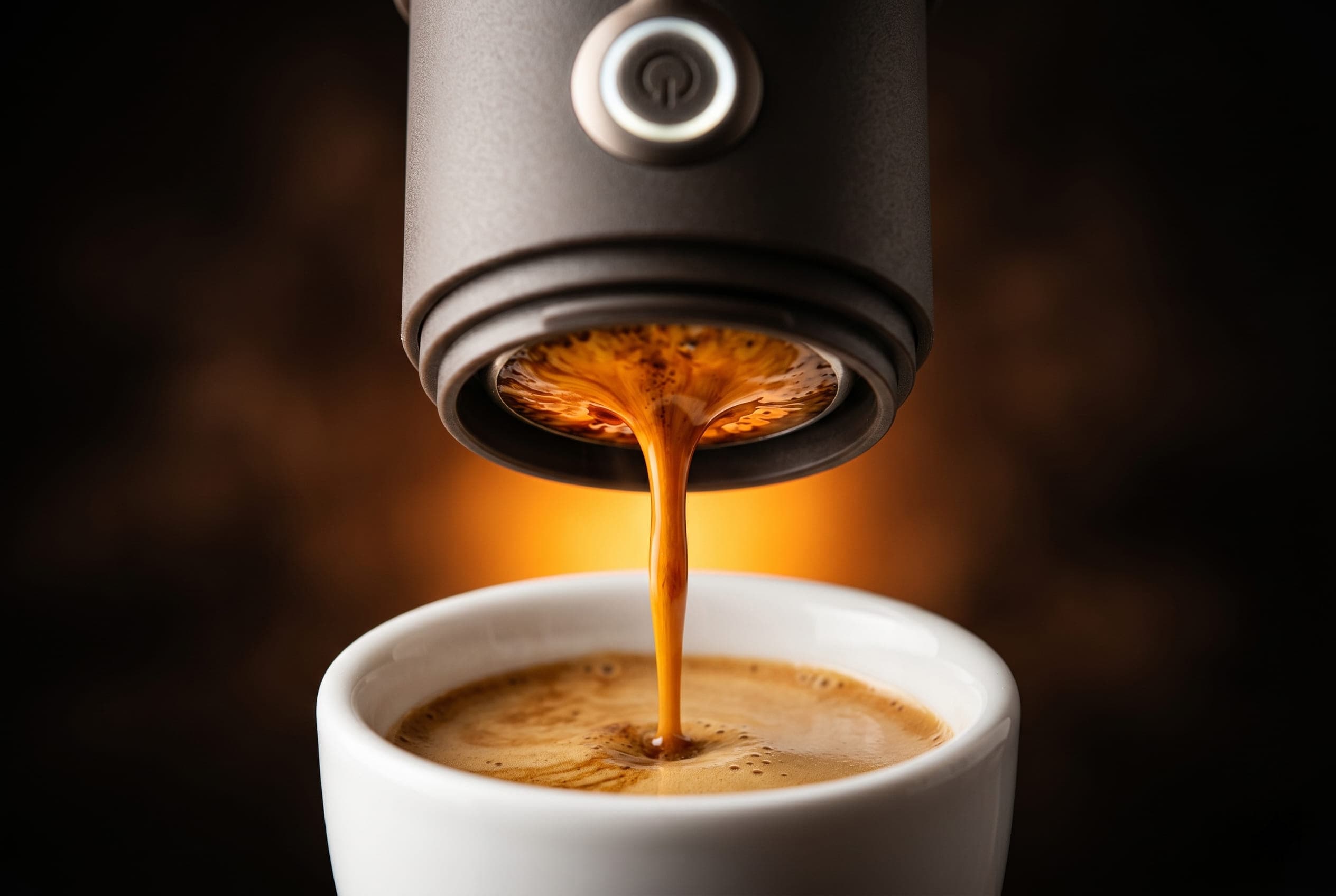 Outin Mino portable maker pouring a dark espresso shot into a small ceramic cup
