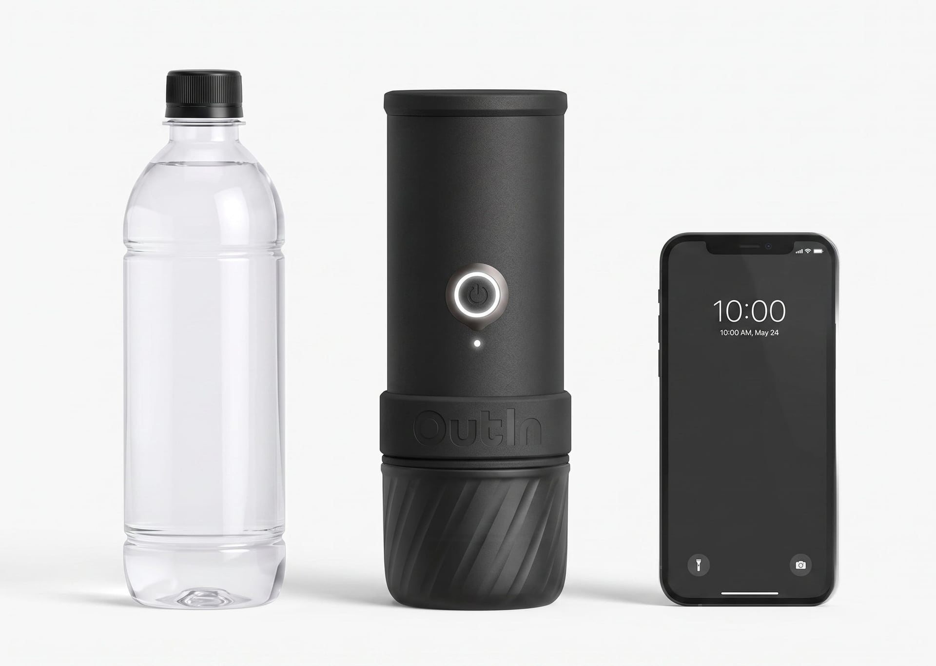 Outin Mino portable coffee maker size comparison next to a standard water bottle and smartphone showing ultra-compact outin mino dimensions for travel