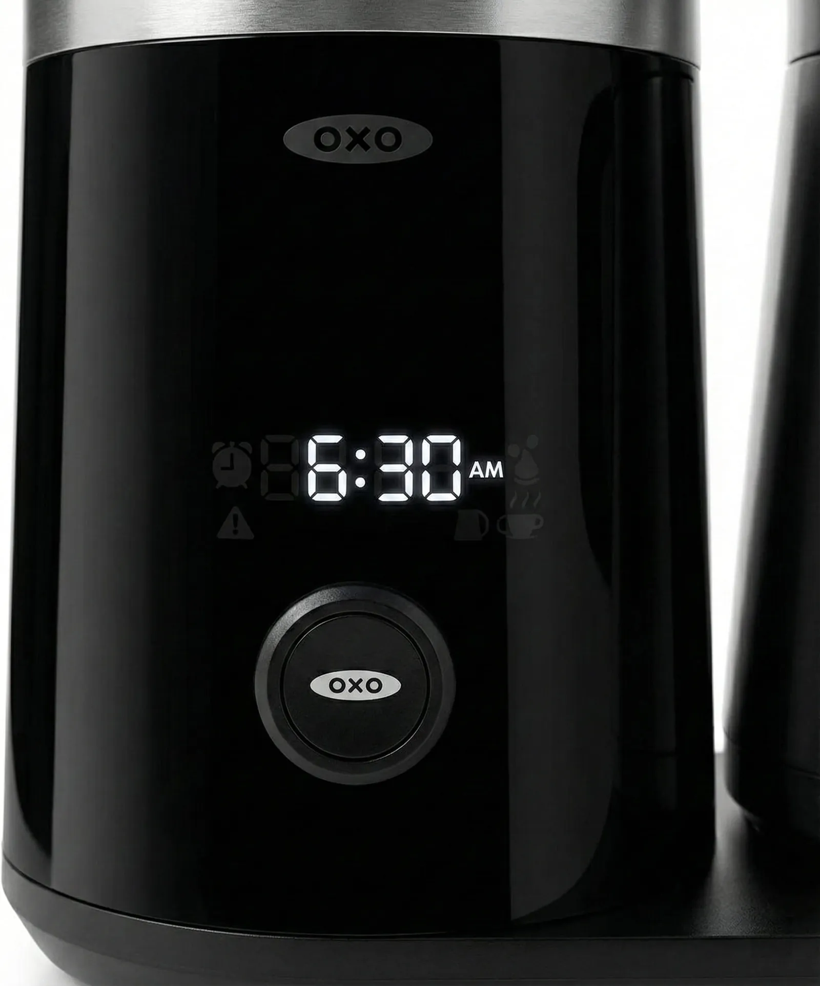 OXO Brew 9-Cup control panel with the backlit timer display and one-touch brew start