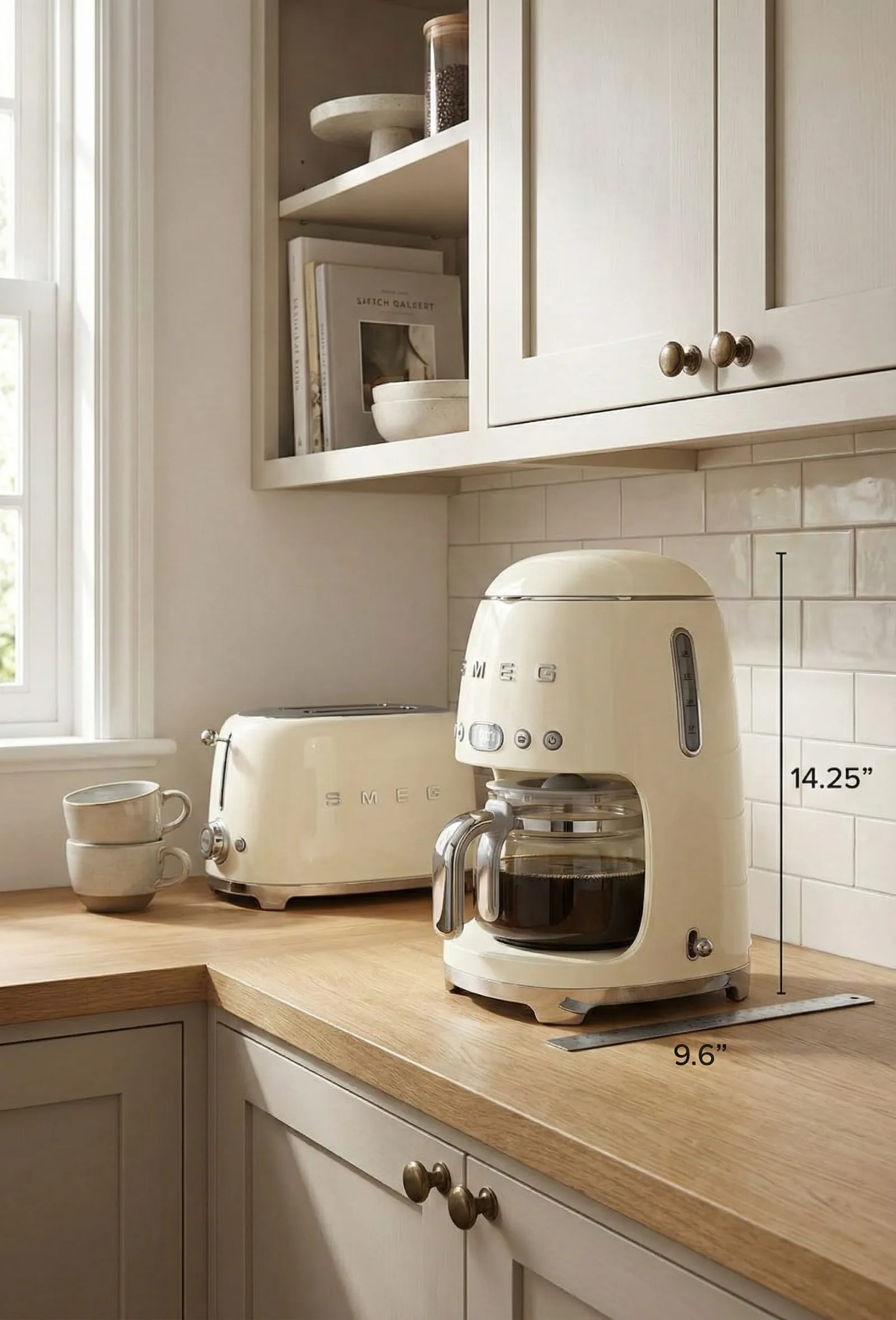 Smeg DCF02CRUS drip coffee maker showing its narrow footprint on a countertop