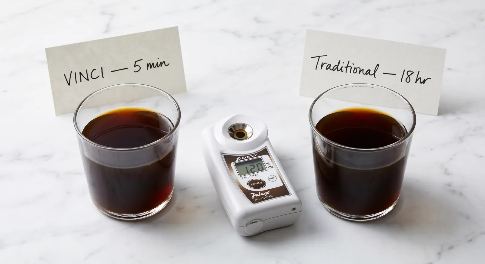 VINCI Express Cold Brew concentrate placed beside a traditional long-steep cold brew for comparison