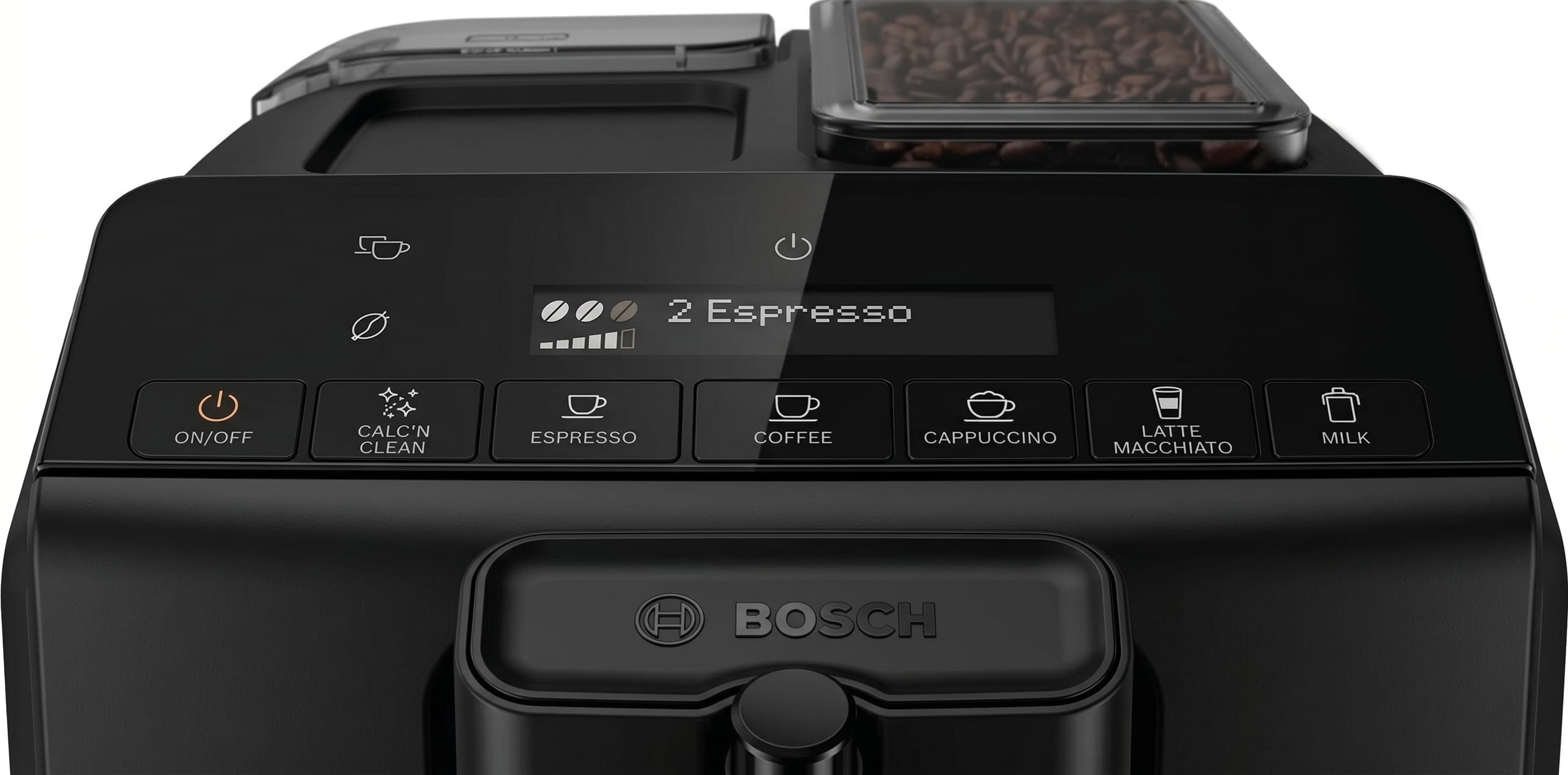 Bosch 300 Series VeroCafe control panel with drink selection buttons for espresso, cappuccino and latte
