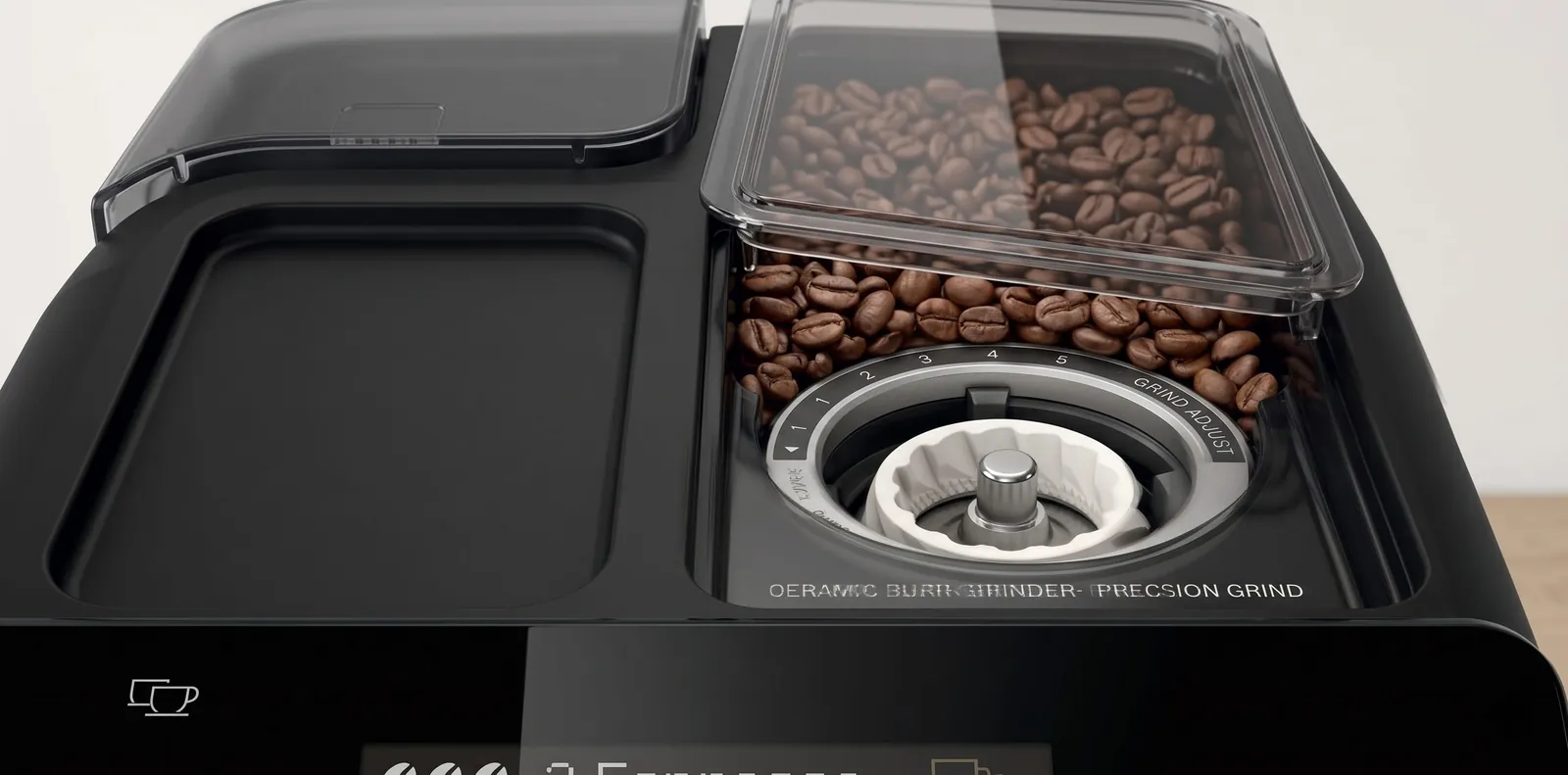 Bosch 300 Series VeroCafe built-in ceramic burr grinder shown up close beside its grind adjustment dial