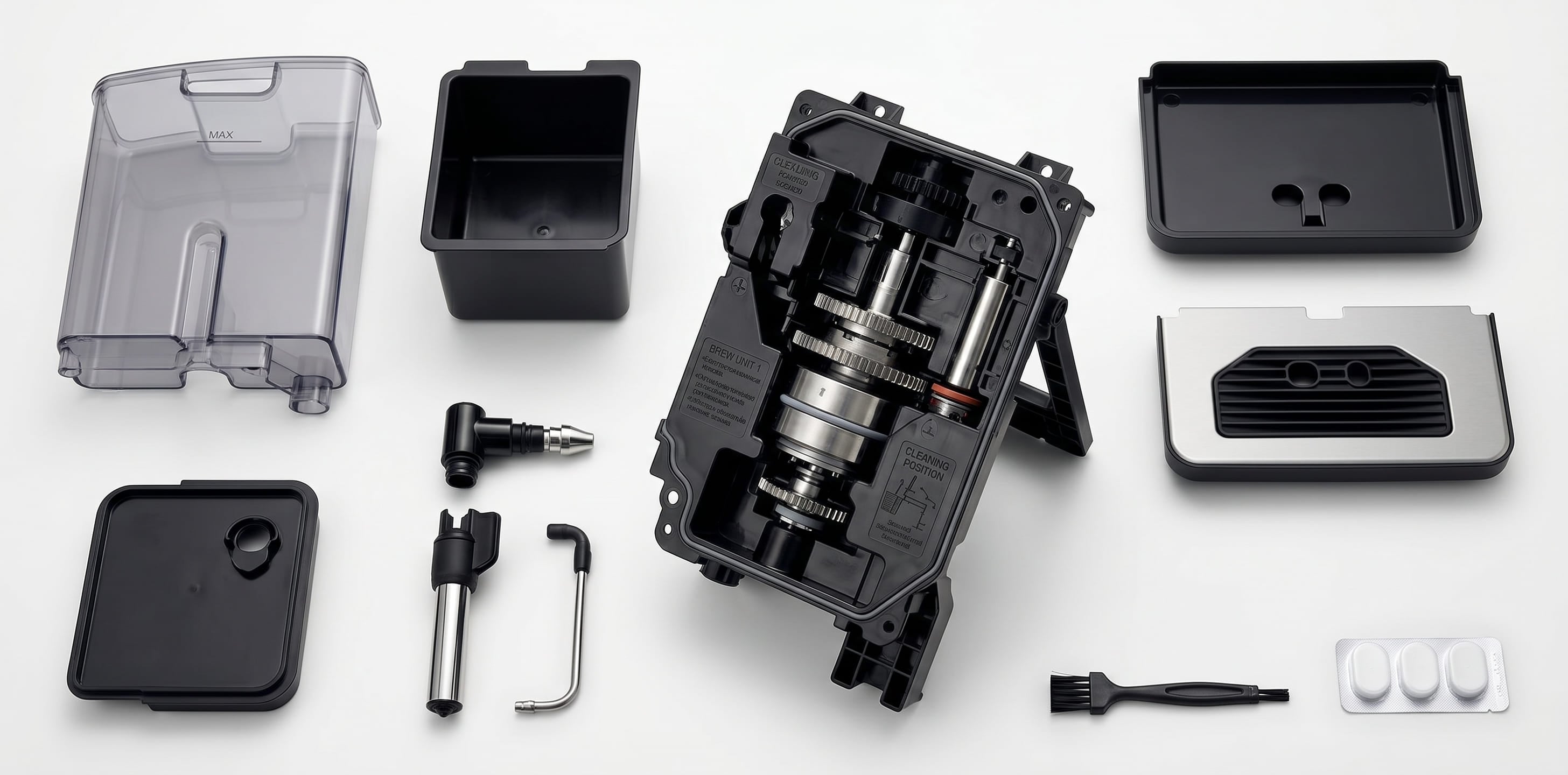Bosch bean-to-cup coffee machine maintenance components — removable brew unit, drip tray, and grounds container for easy cleaning