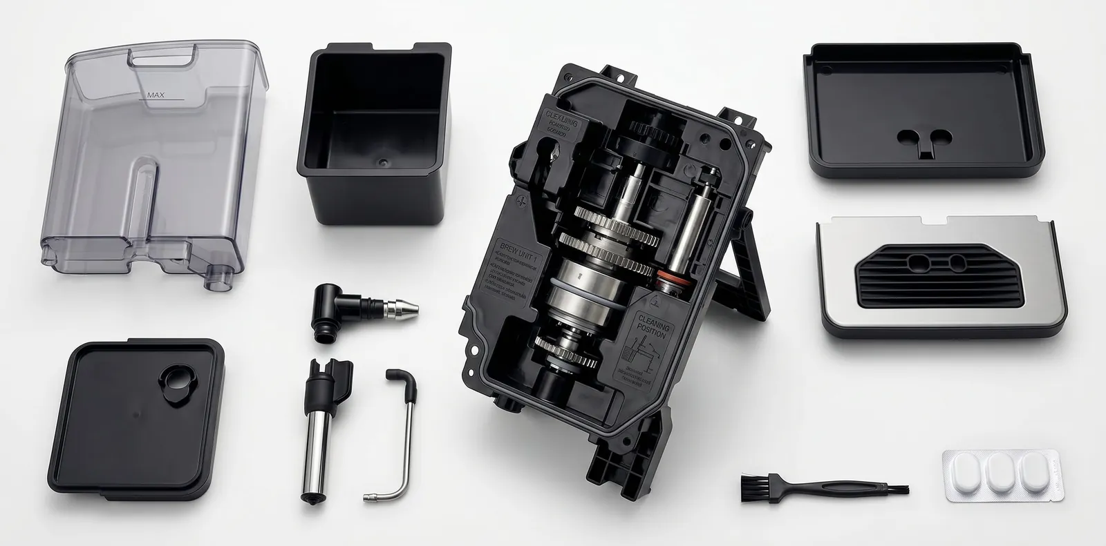 Bosch 300 Series VeroCafe removable brew unit, drip tray and grounds container laid out for cleaning