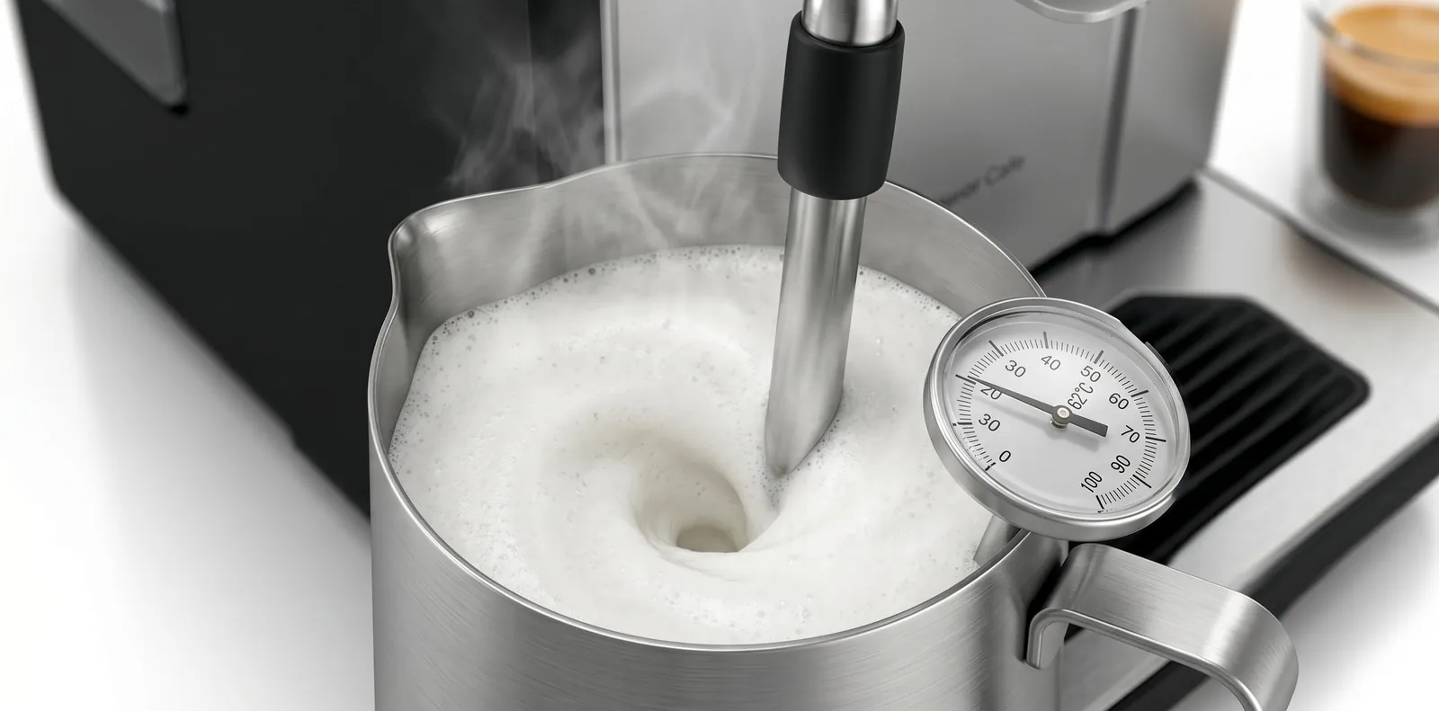 Bosch 300 Series VeroCafe milk frother nozzle dispensing foamed milk into a cappuccino cup