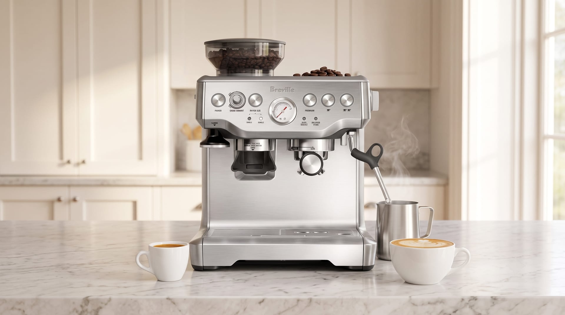 Breville Barista Express BES870XL in a modern home kitchen setting with freshly pulled espresso and latte on the counter
