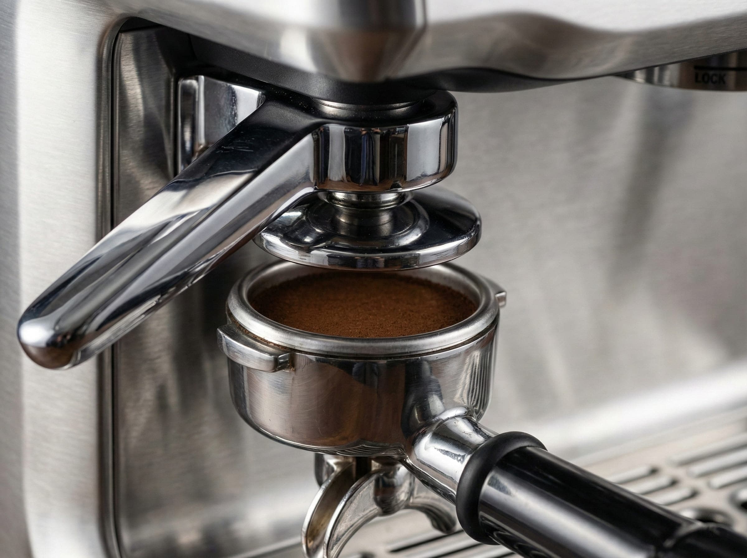Breville Barista Express Impress close-up of the automated tamping mechanism and dosing system for consistent 30-pound pressure